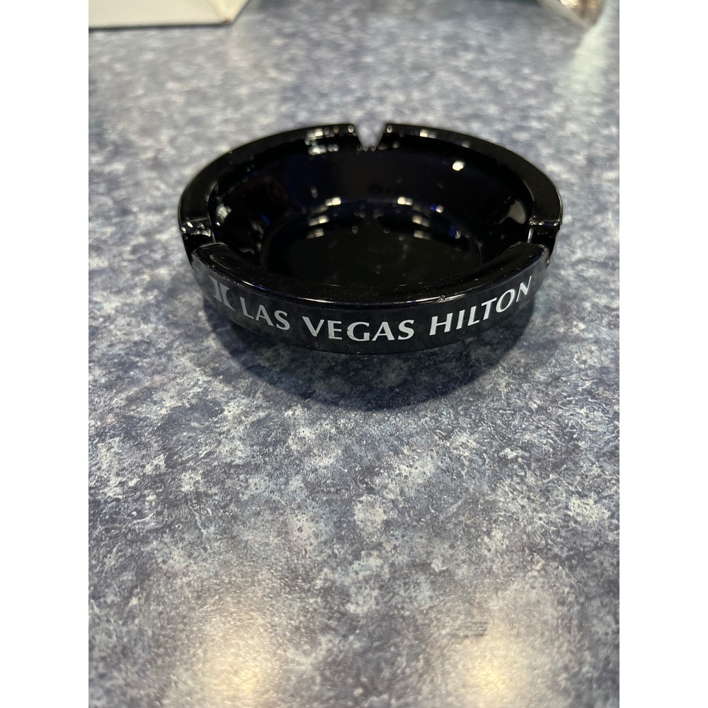 Vintage Las Vegas Hilton Black Glass Ashtray Casino Memorabilia Souvenir 4.5"